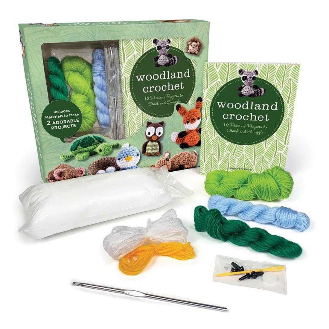components of the Woodland Crochet Kit both in and out of their package