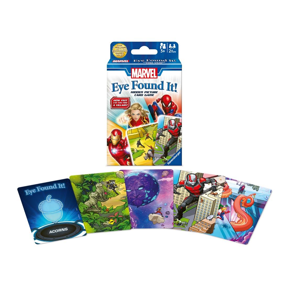 Sample cards in front of the box of Marvel Eye Found It! Hidden Picture Card Game