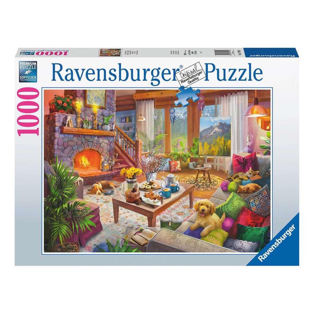 box for the Cozy Cabin 1000-Piece Puzzle By Ravensburger