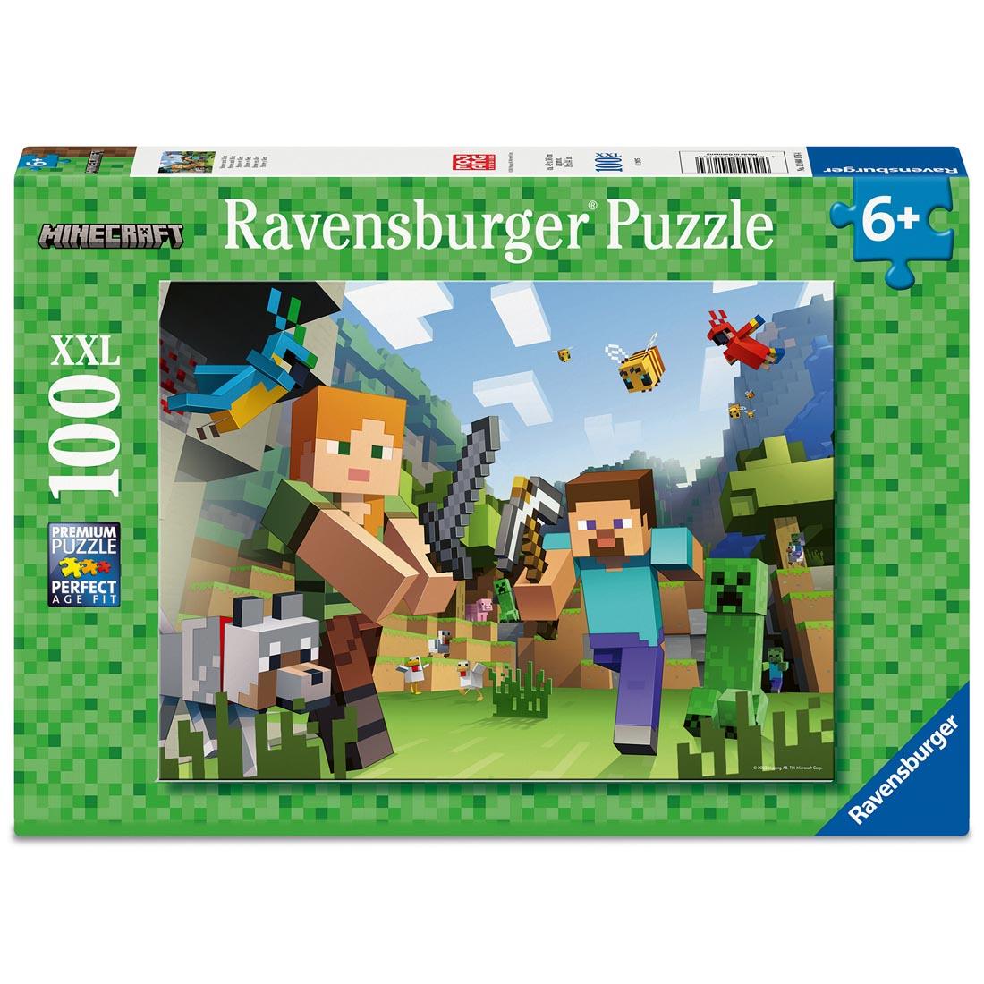 Front of box containing Minecraft: Steve and Alex 100-Piece Puzzle
