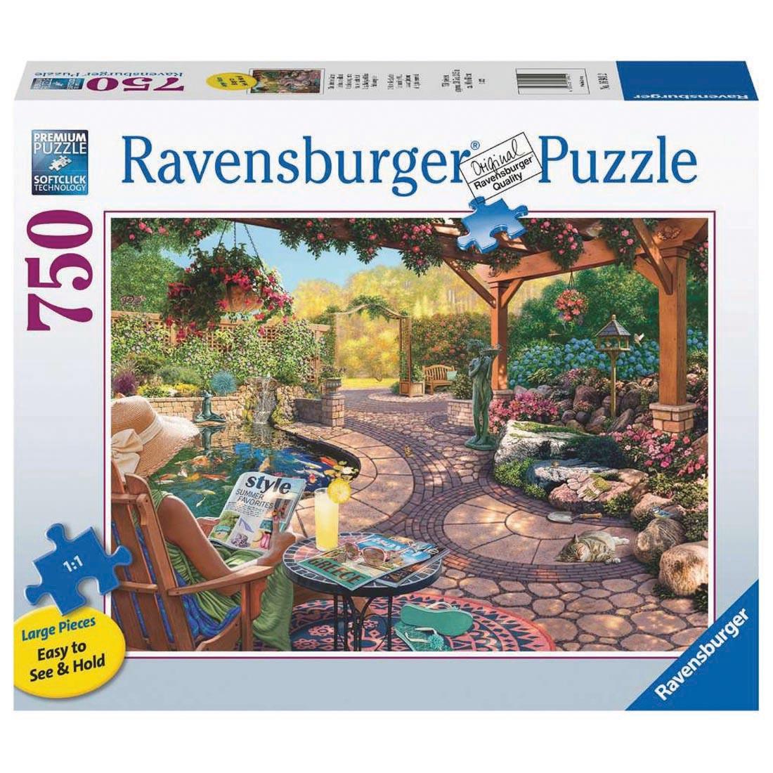 box of Cozy Backyard Bliss Large Format 750-Piece Puzzle By Ravensburger