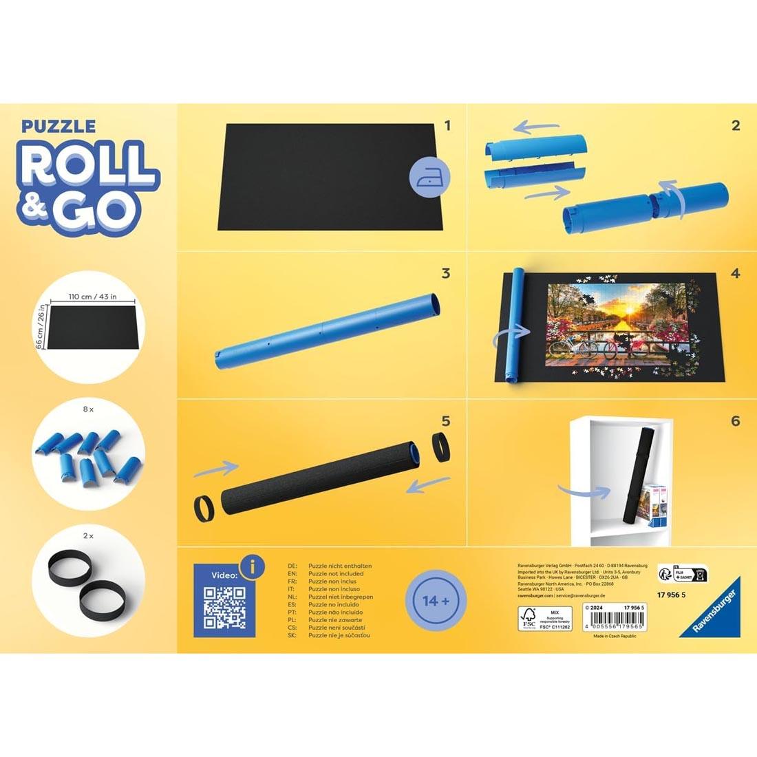picture instructions showing how to use the Puzzle Roll & Go! Mat by Ravensburger