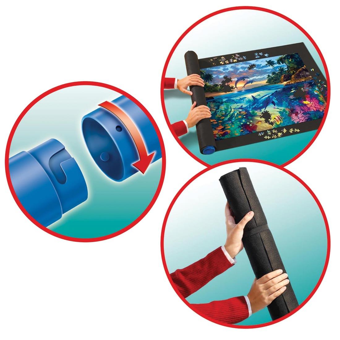 3 circles, showing the Roll & Go puzzle Mat: 1) how to connect the plastic tube, 2) roll the mat around the tube, and 3) finished mat rolled up with rubber bands
