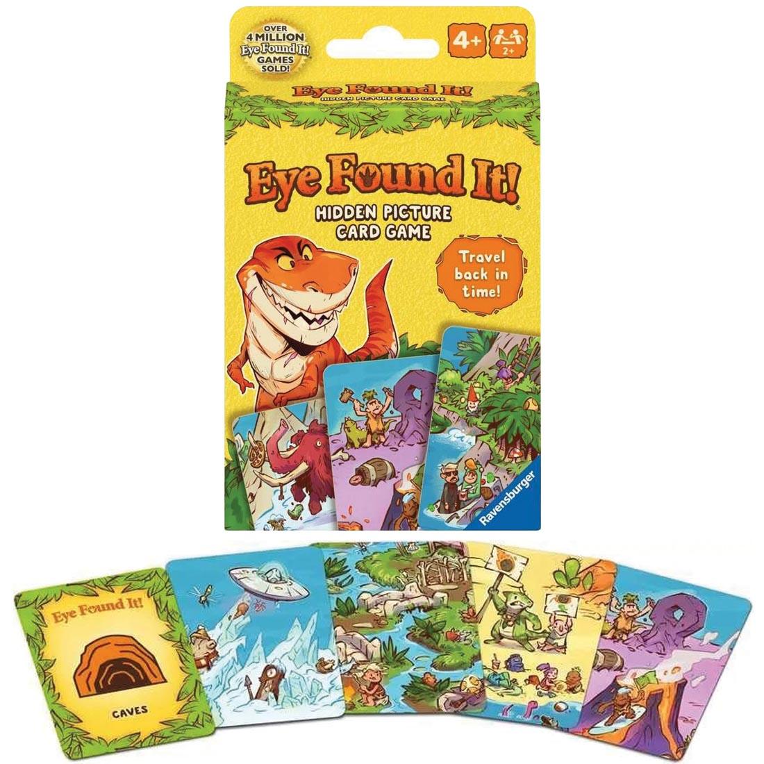 5 cards and the box for Eye Found It! World of Dinosaurs Hidden Picture Card Game