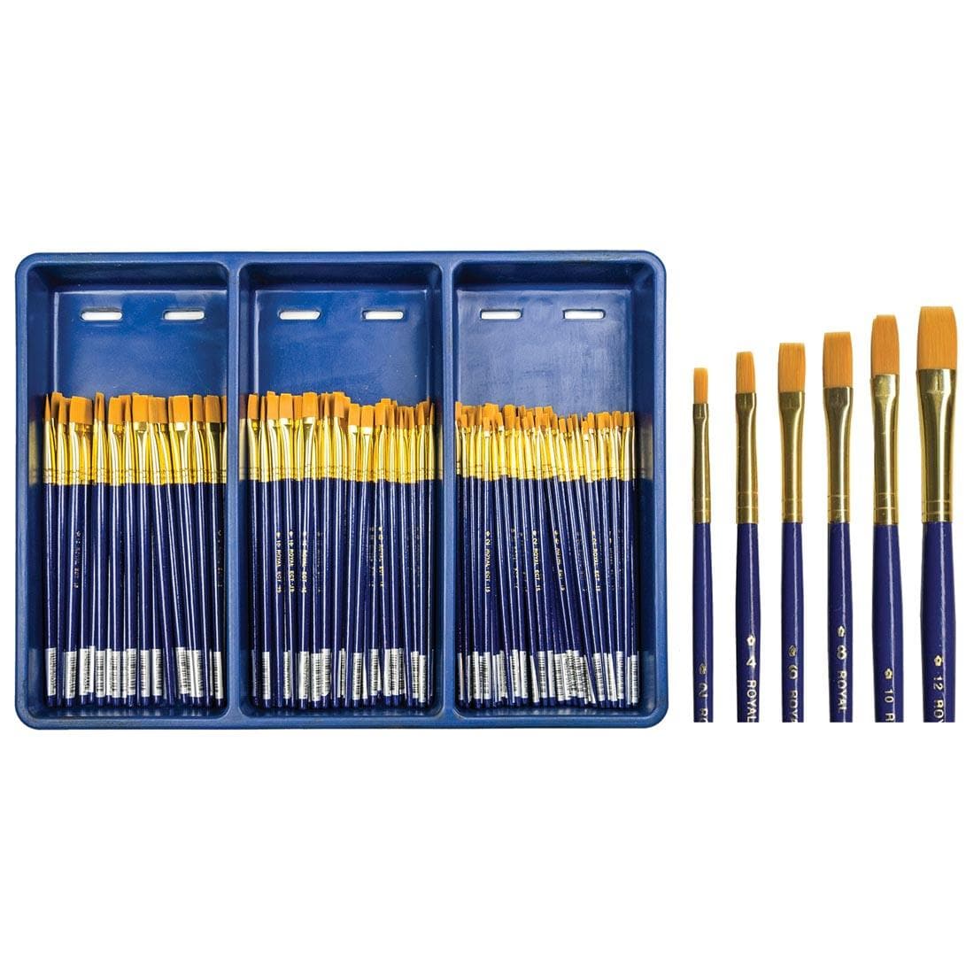 Royal & Langnickel Economy Taklon Flat Shader Brush Assortment shown in the tray with examples of the six different brush sizes beside it