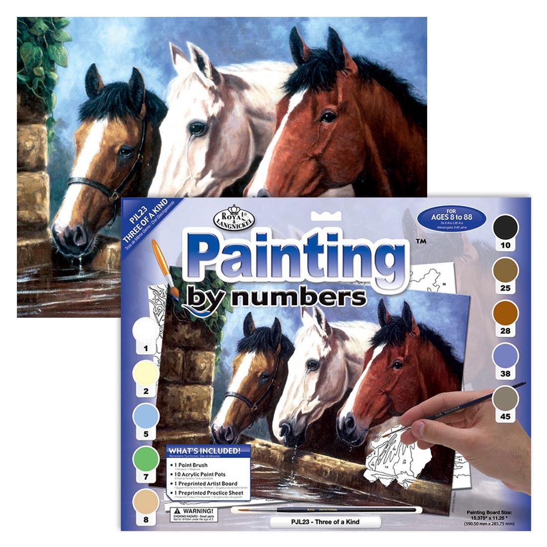 Royal & Langnickel Painting By Numbers Junior Large: Three Of A Kind set in the package with the completed picture of 3 horses behind it