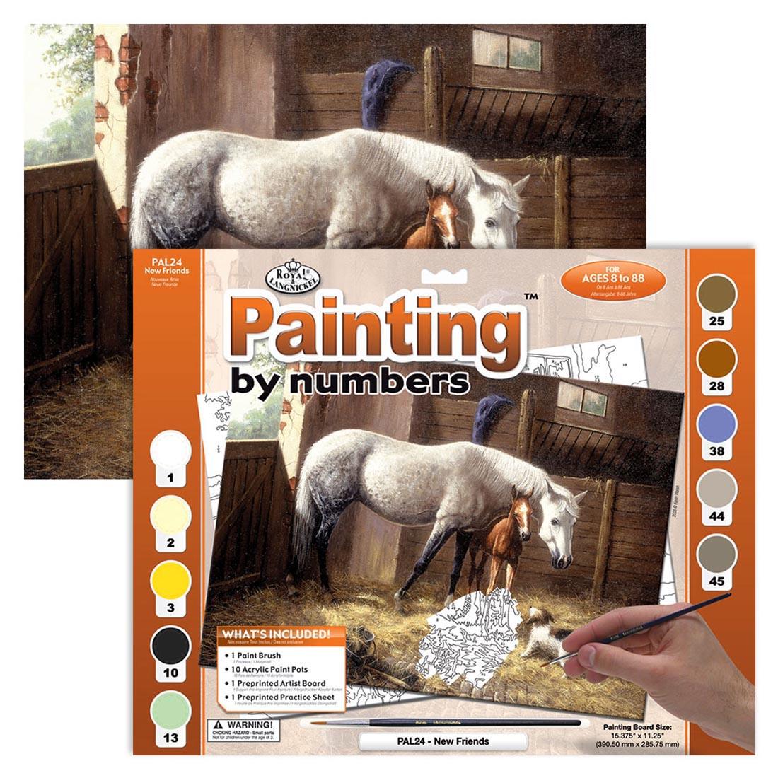 Royal & Langnickel Painting By Numbers Adult Large: New Friends set shown in package with a completed painting behind it