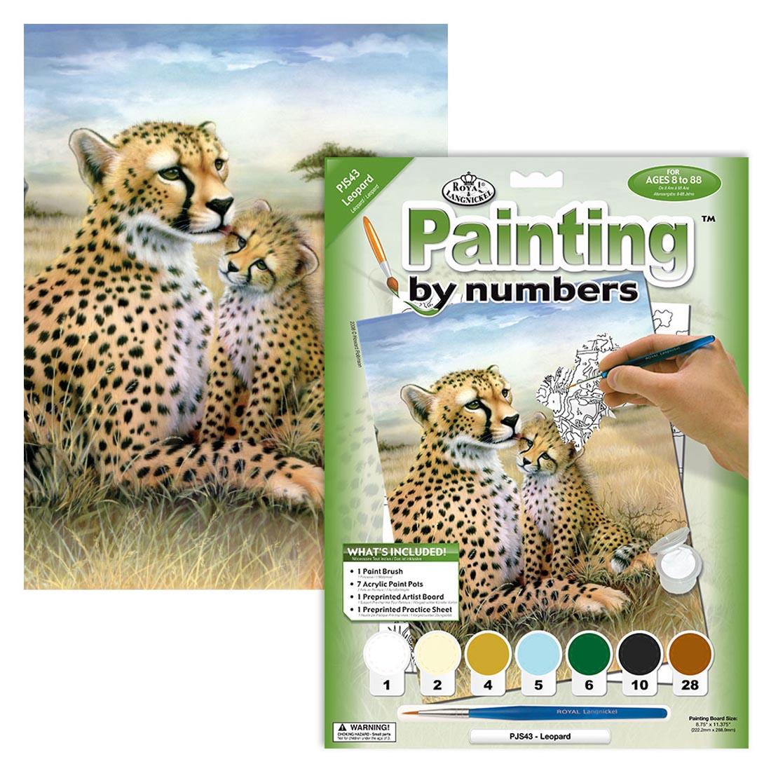 Royal & Langnickel Painting By Numbers Junior Small: Leopard shown in the package with a completed painting behind it