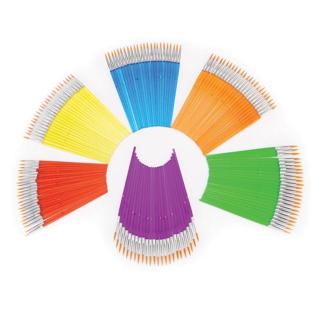 Royal & Langnickel Golden Taklon Round Brush Set, showing all brushes grouped by the color of their handles, six colors in all