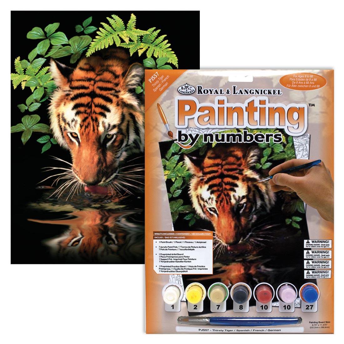 Royal & Langnickel Painting By Numbers Junior Small: Thirsty Tiger Package with the completed painting behind it