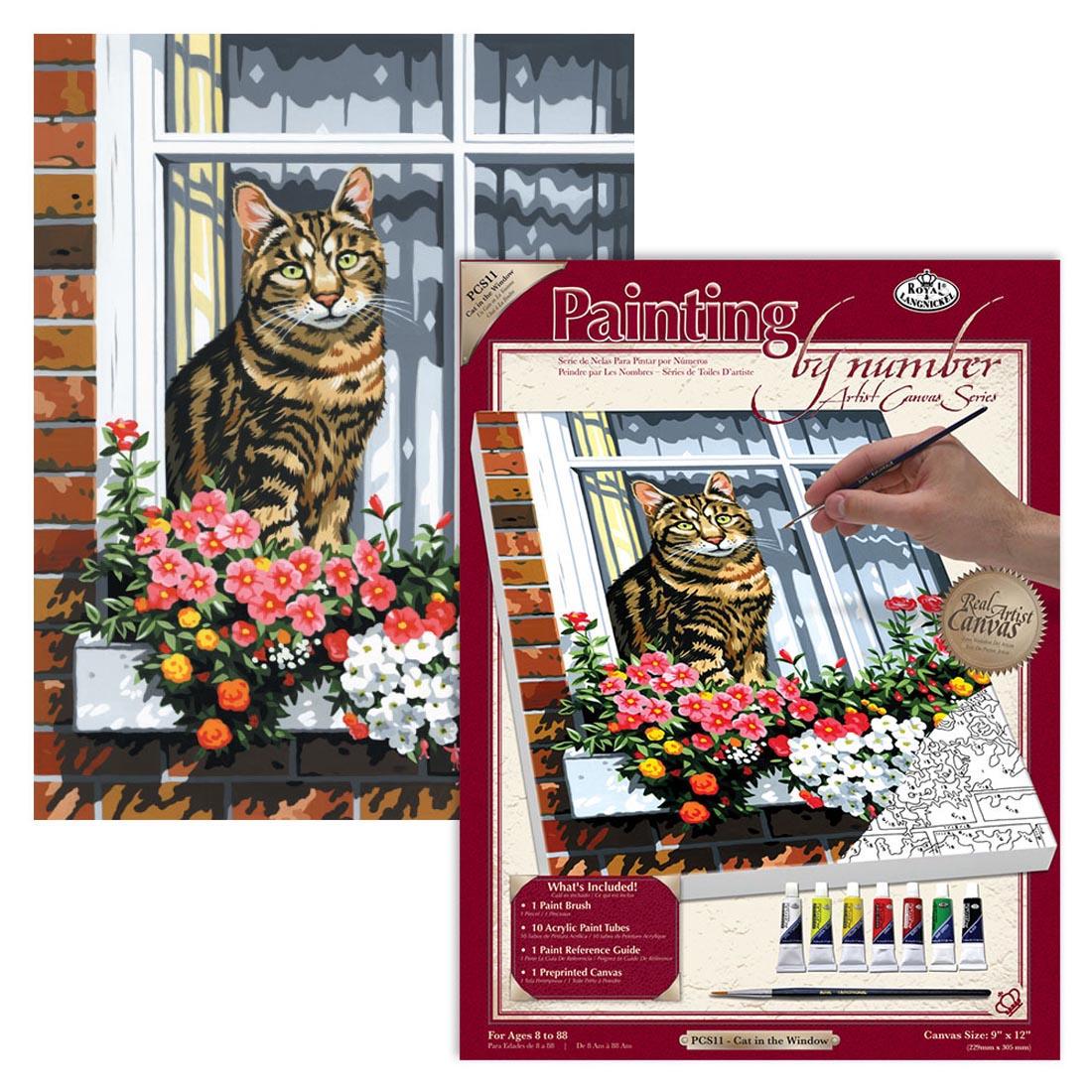 Royal & Langnickel Painting By Number Artist Canvas Series: Cat In The Window package with the completed painting behind it