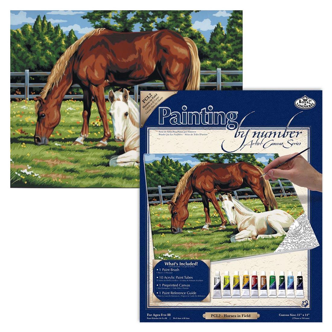 Royal & Langnickel Painting By Number Artist Canvas Series: Horses in Field package with the completed painting behind it