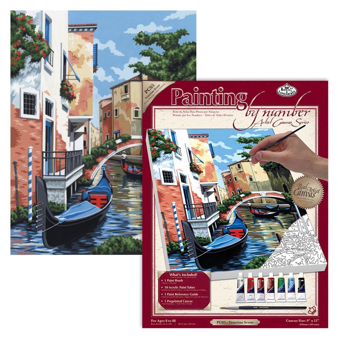 Royal & Langnickel Painting By Number Artist Canvas Series: Venetian Scene package with the completed painting behind it