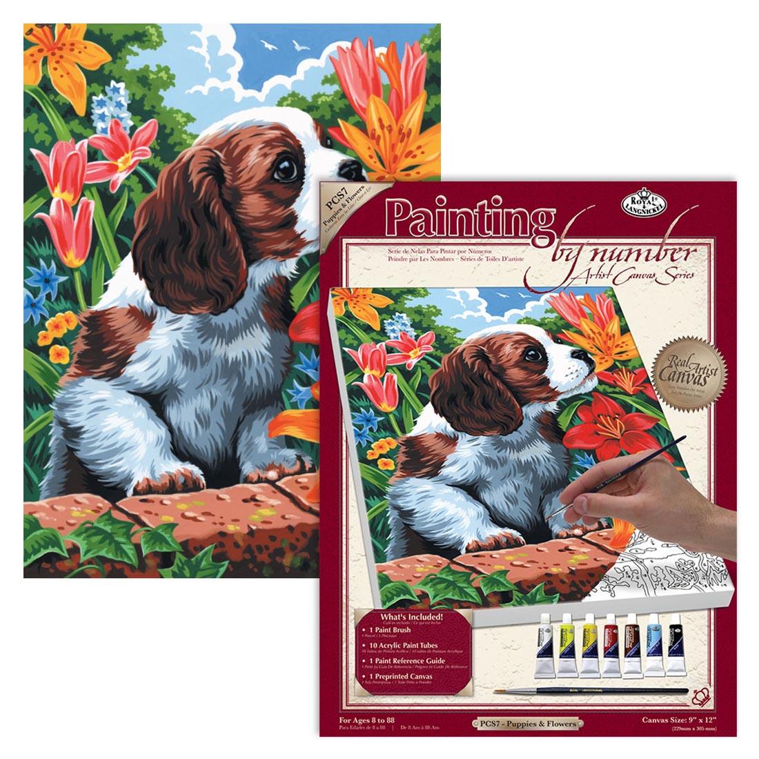 Royal & Langnickel Painting By Number Artist Canvas Series: Puppy & Flowers package with the completed painting behind it