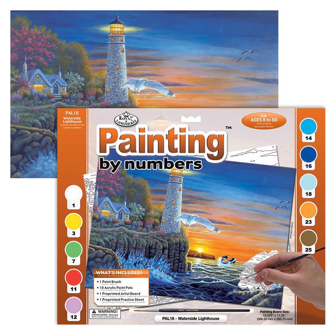 Royal & Langnickel Painting By Numbers Adult Large: Waterside Lighthouse package with the completed painting behind it