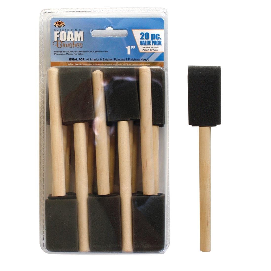 Package of Royal & Langnickel 1" Foam Brushes with a sample brush beside it