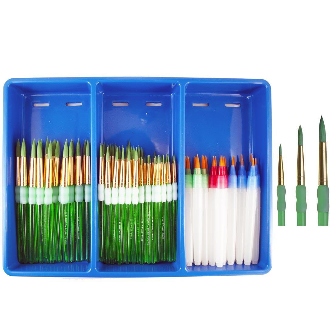 Royal & Langnickel Big Kid's Choice Lil' Grippers Round Brush Class Pack shown in the tray with examples of the 3 different brush sizes beside it