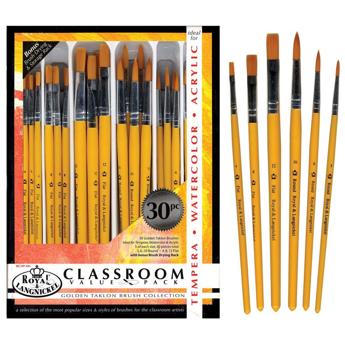 Royal & Langnickel Classroom Value Pack Golden Taklon Brush Collection shown in the package with examples of the 6 different brush sizes beside it