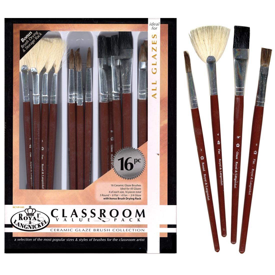 Royal & Langnickel Classroom Value Pack Ceramic Glaze Brush Collection shown in the package with examples of the 4 different brush styles beside it