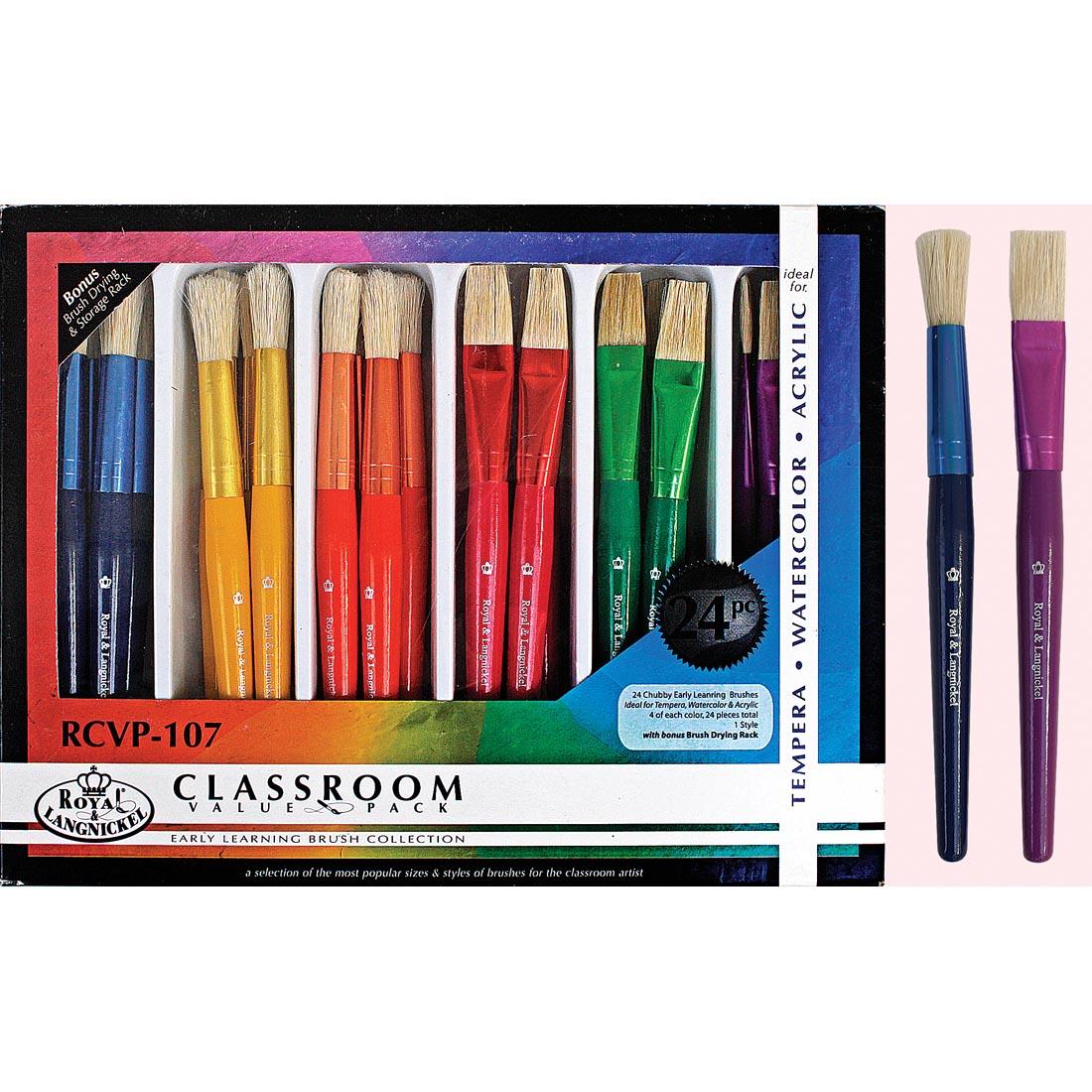 Royal & Langnickel Classroom Value Pack Early Learning Brush Collection shown in the package with examples of the 2 different brush styles beside it