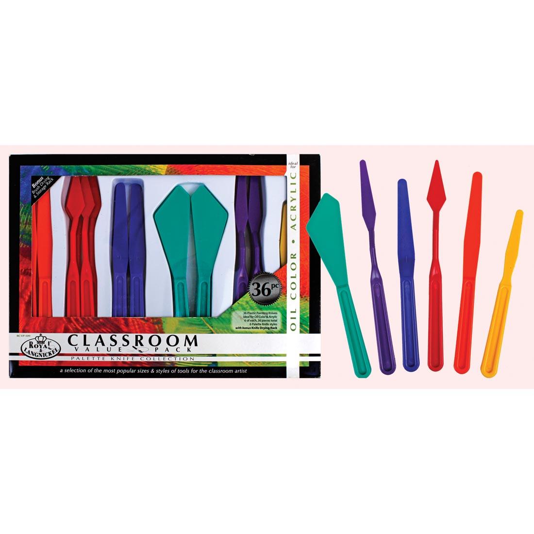 Royal & Langnickel Classroom Value Pack Palette Knife Collection shown in the package with examples of the 6 different knife styles beside it