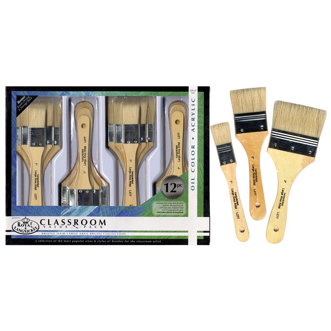 Royal & Langnickel Classroom Value Pack Bristle Hair Large Area Brush Collection shown in the package with examples of the 3 different brush sizes beside it