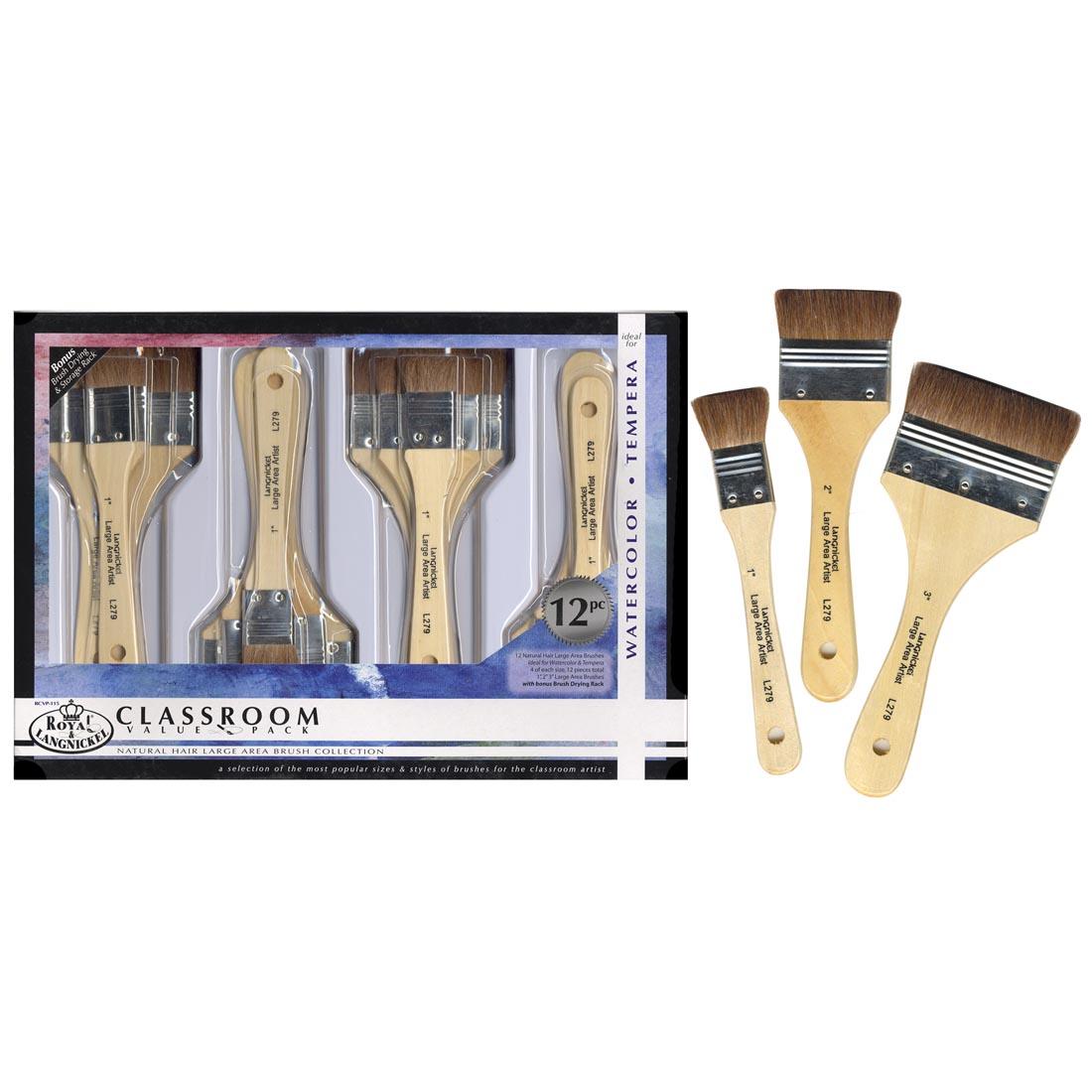 Royal & Langnickel Classroom Value Pack Natural Hair Large Area Brush Collection shown in the package with examples of the 3 different brush sizes beside it