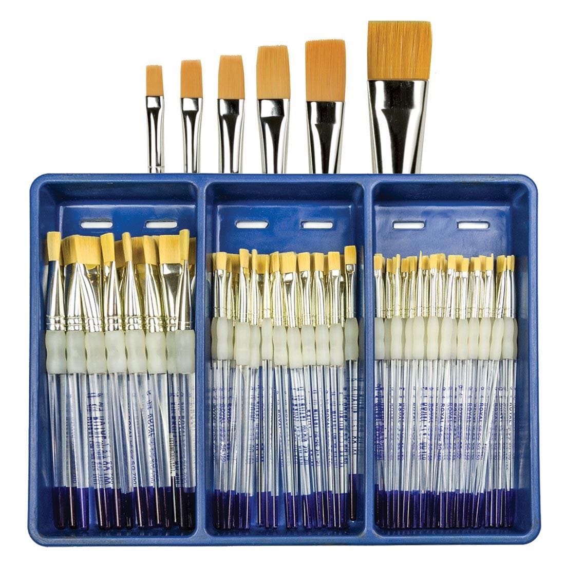 Royal & Langnickel Soft Grip Gold Taklon Brush Assortment 2 shown in the tray with examples of the 6 different brush sizes above it