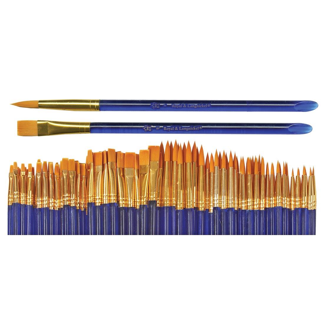 Royal & Langnickel Economy Gold Taklon Brush Assortment with examples of a round and a shader brush above it