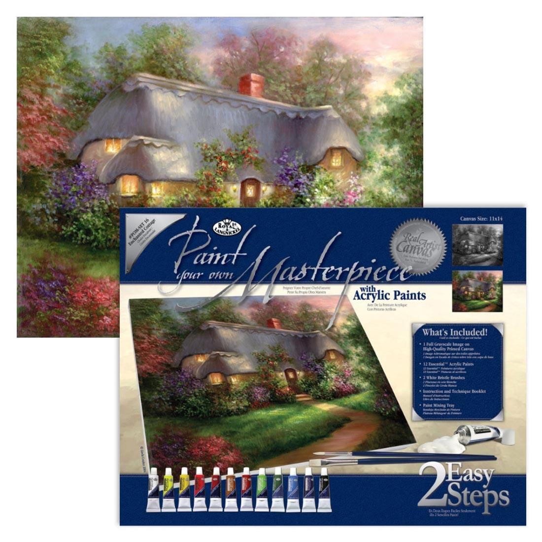 Royal & Langnickel Paint Your Own Masterpiece: Enchanted Cottage shown in package and an example of a completed one