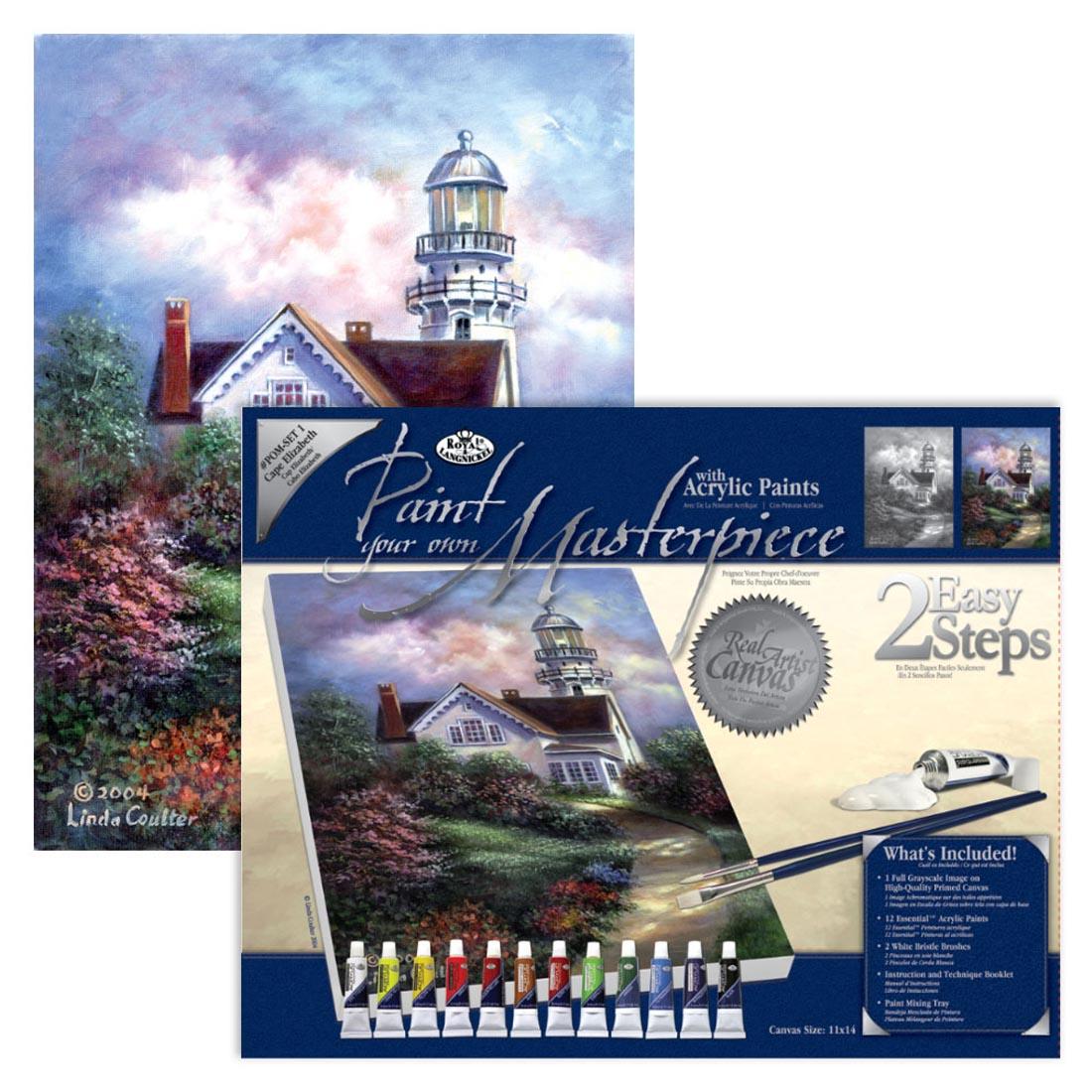 Royal & Langnickel Paint Your Own Masterpiece: Cape Elizabeth shown in the package with a completed example behind it