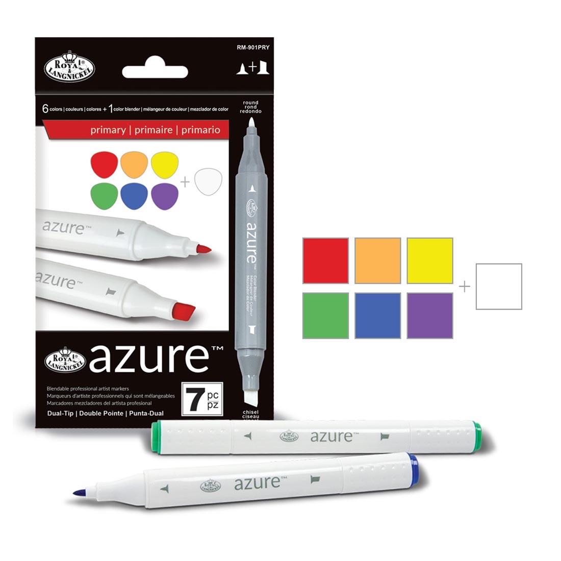 Royal & Langnickel Azure 7-Count Primary Marker Set with color swatches beside the package and two sample markers below it