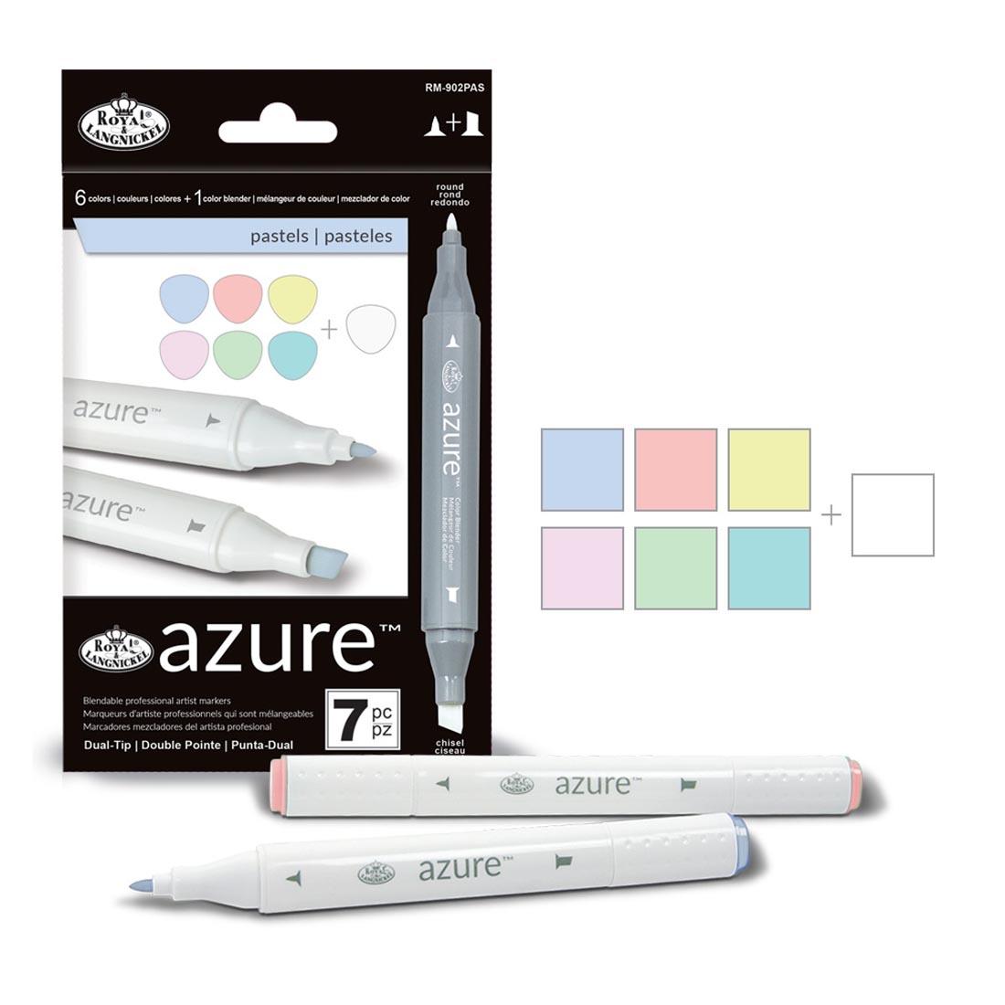 Royal & Langnickel Azure 7-Count Pastel Marker Set with color swatches beside the package and two sample markers below it