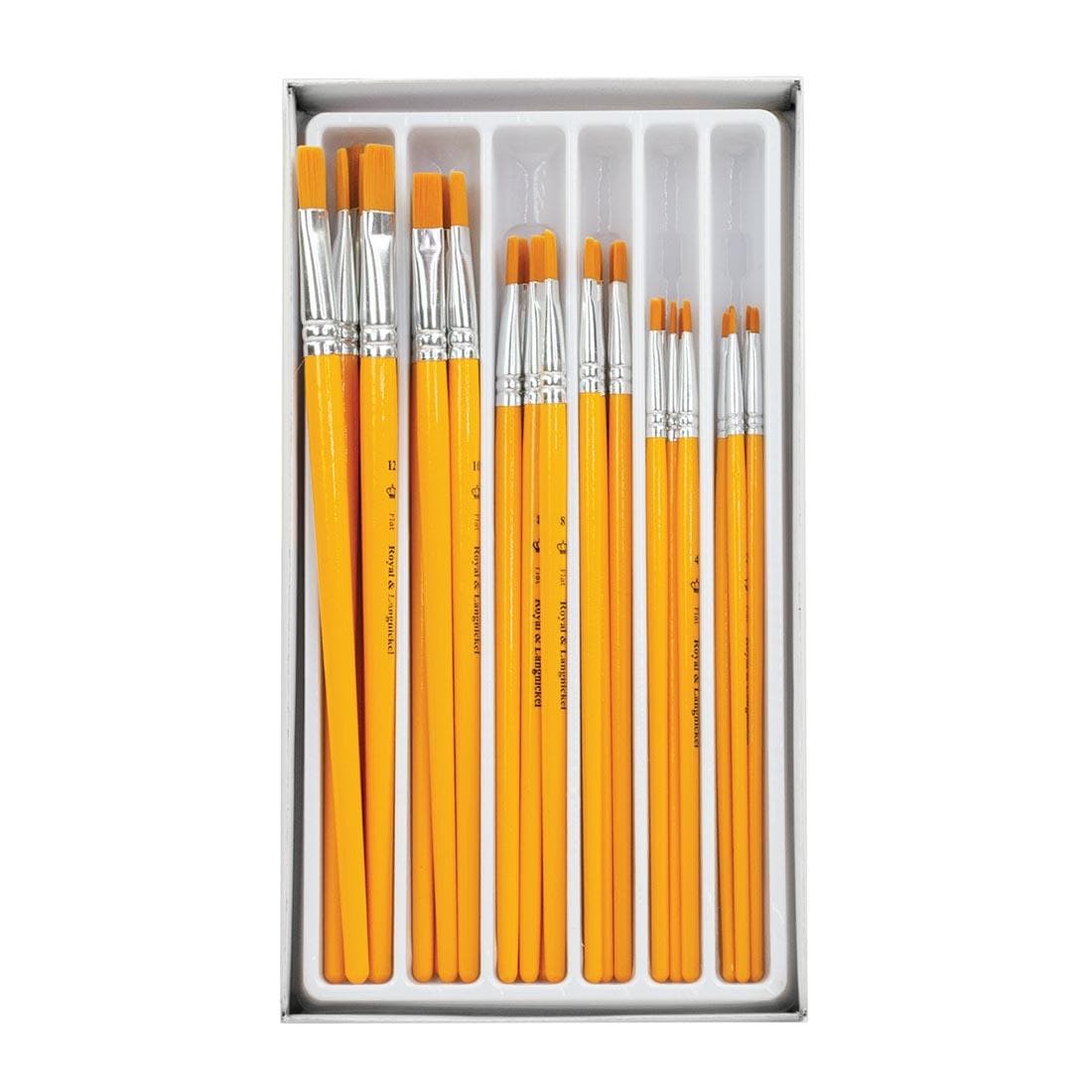 Royal & Langnickel Classroom Value Pack Flat Golden Taklon Brush Collection, shown in tray with lid off