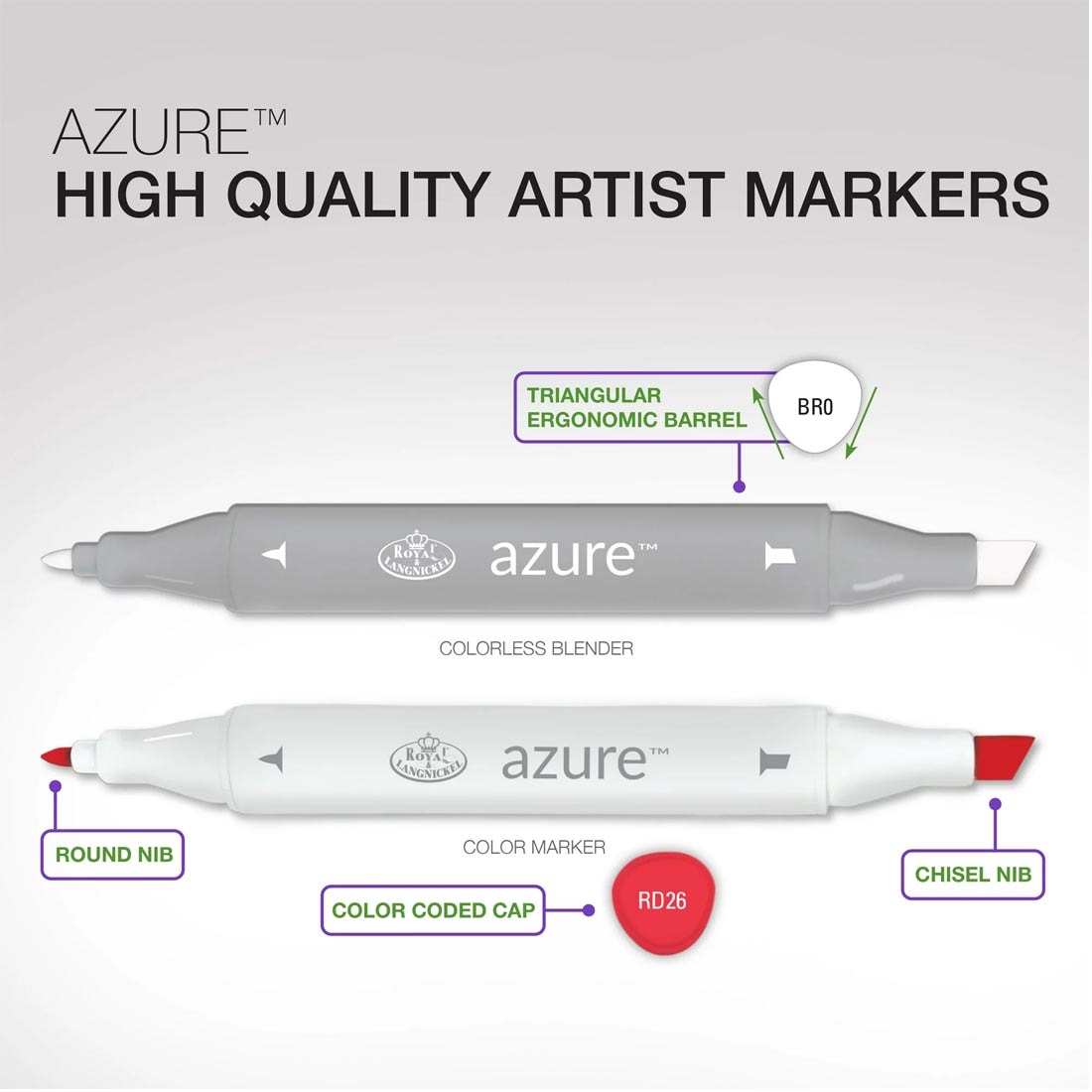 2 Azure markers, showing two different nibs, color-coded cap and triangular barrel