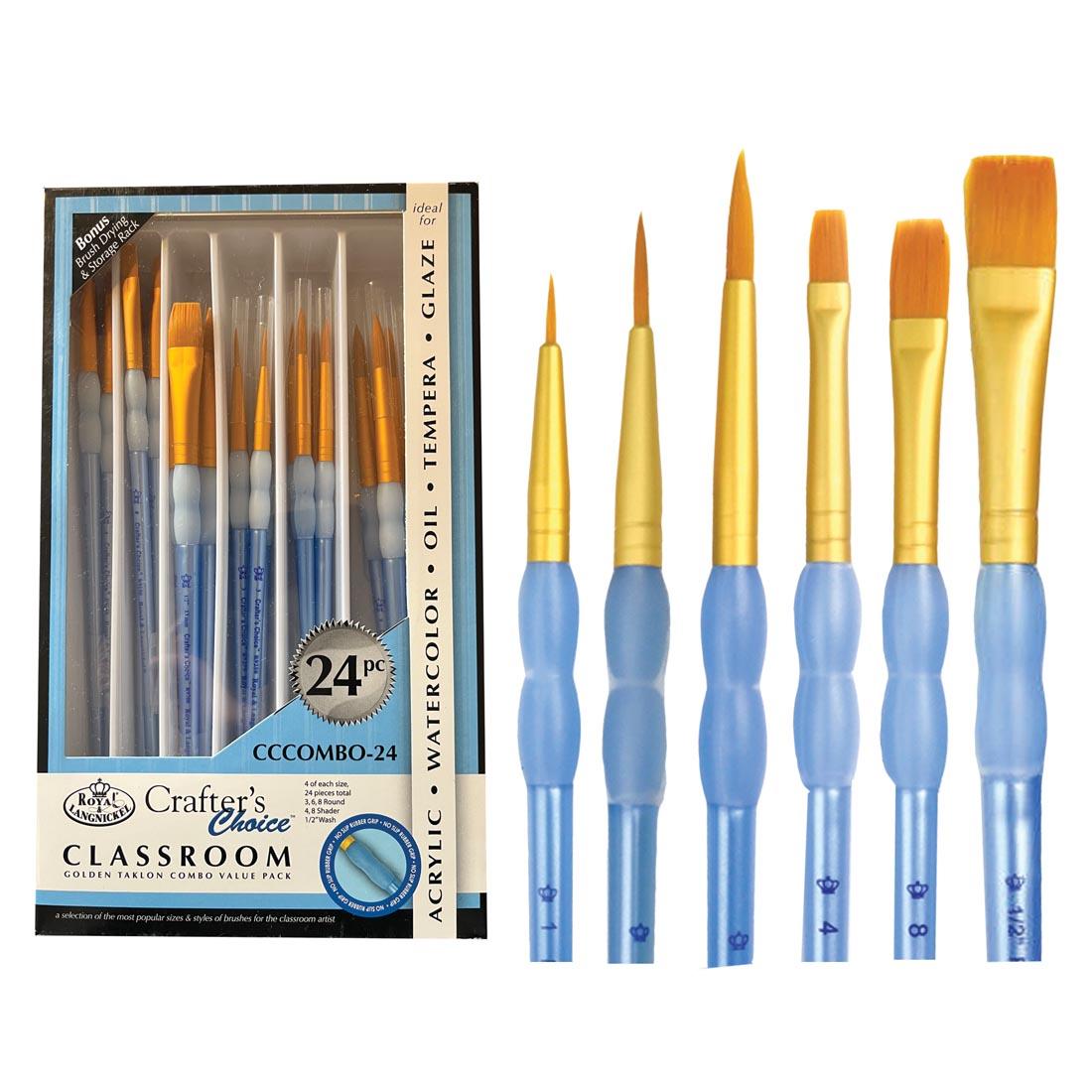 package of Royal & Langnickel Crafter's Choice Classroom Golden Taklon Value Pack beside samples of the 6 brush types