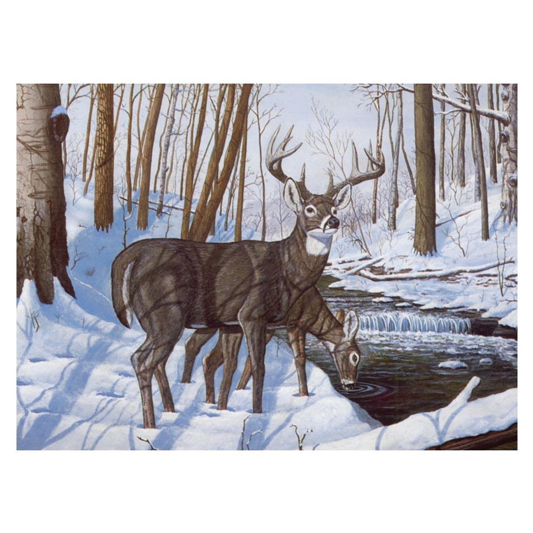 Painting of deer is a completed example of the Royal & Langnickel Painting By Numbers Adult Large: Winter Bliss