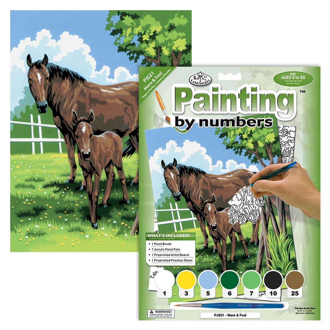 Package of the Royal & Langnickel Painting By Numbers Junior Small: Mare & Foal with a completed painting behind it