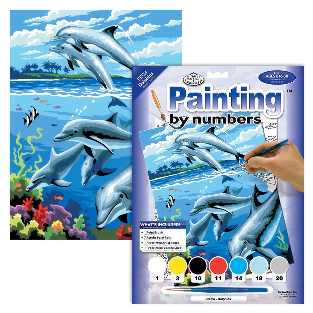 Package of the Royal & Langnickel Painting By Numbers Junior Small: Dolphins with a completed painting behind it
