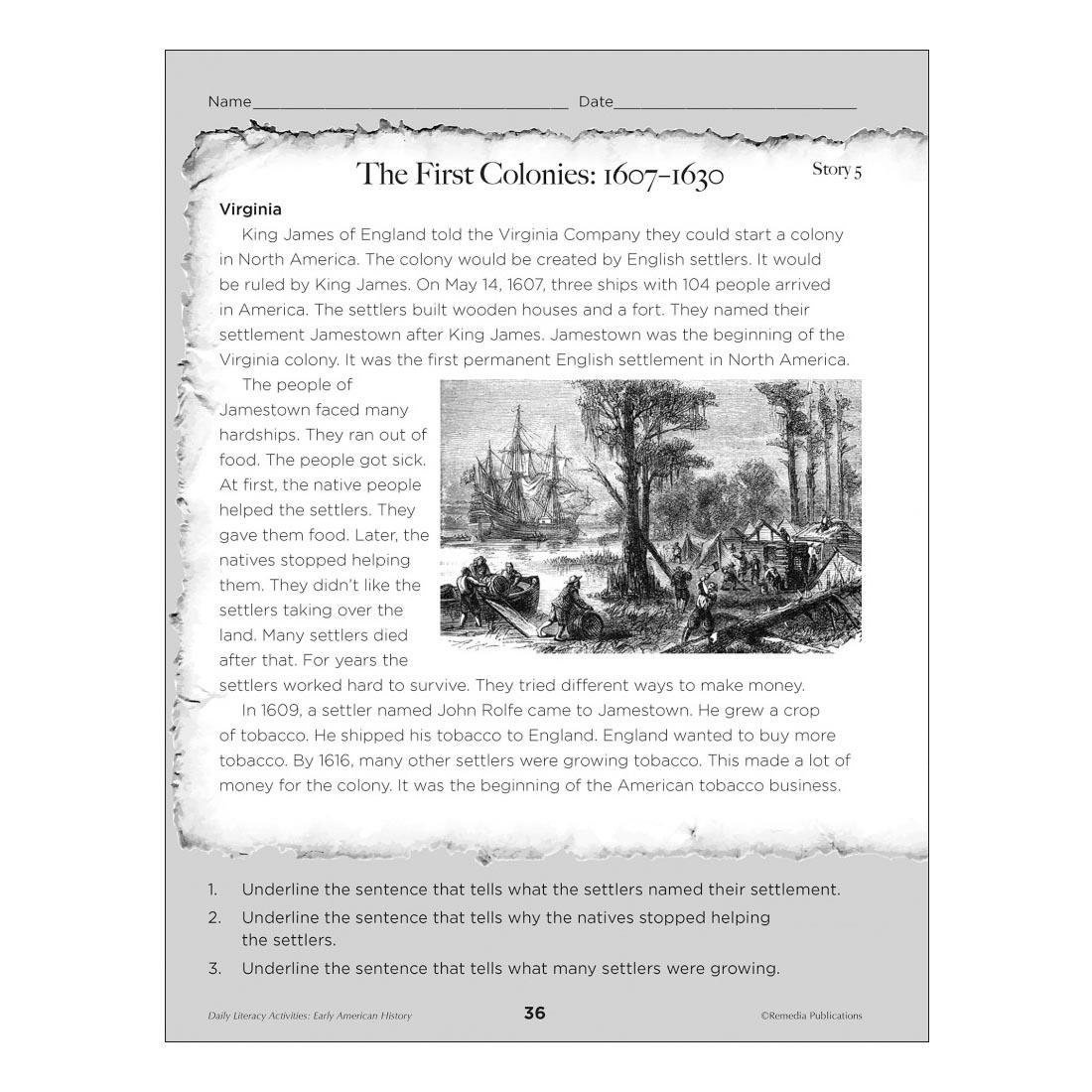 Page 36 from Daily Literacy Activities: Early American History