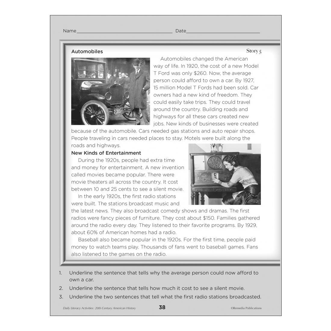 Page 38 from Daily Literacy Activities: 20th Century American History