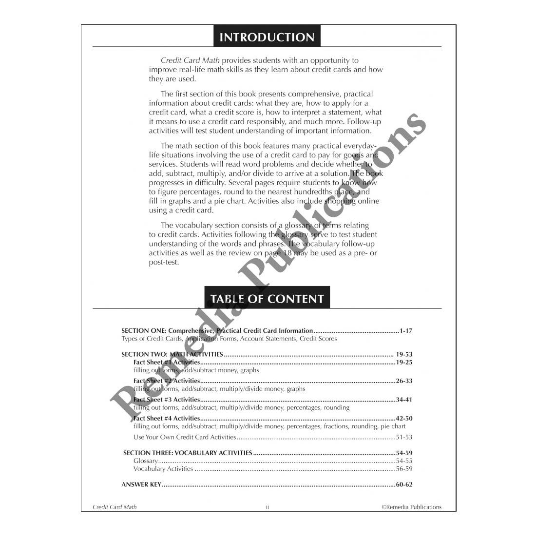 Table of Contents page from Credit Card Math