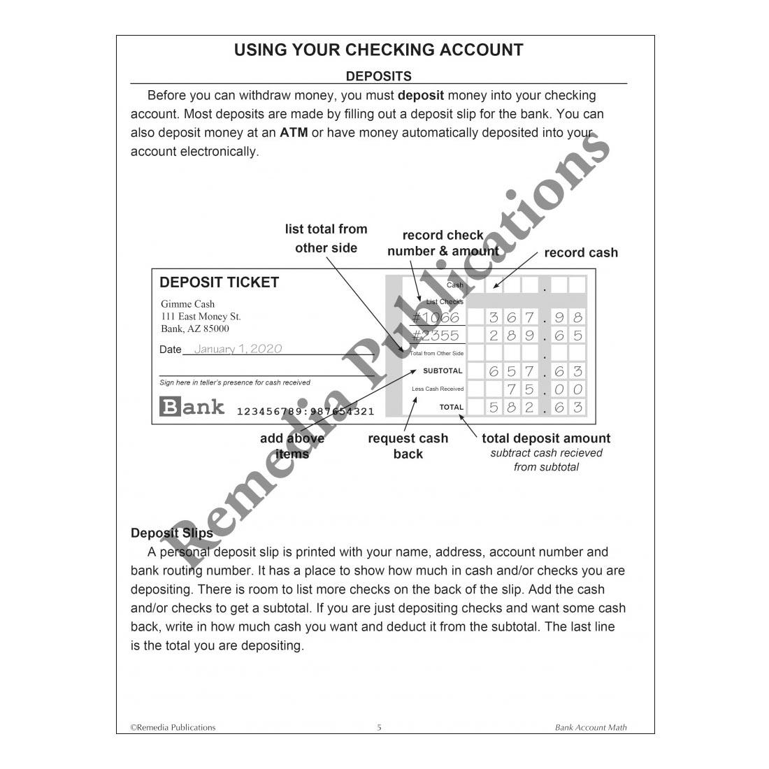 page 5 from Bank Account Math book with the watermark Remedia Publications