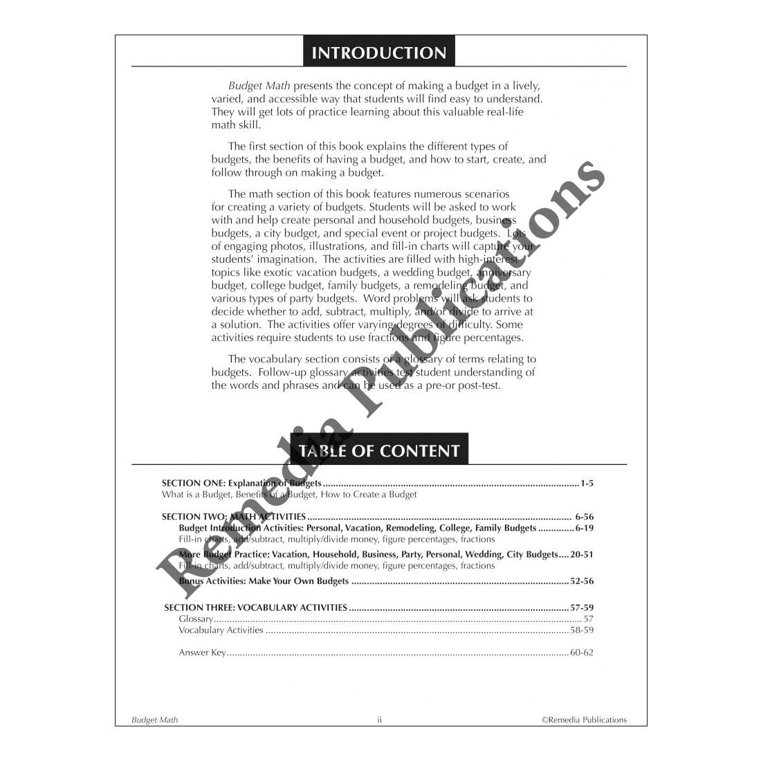 Table of Contents page from Budget Math