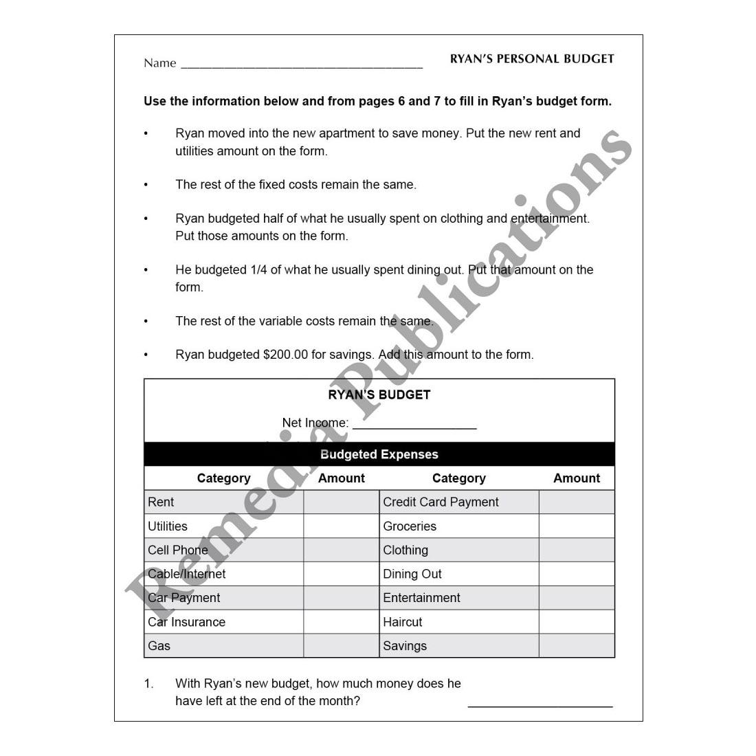 Personal Budget page from Budget Math book