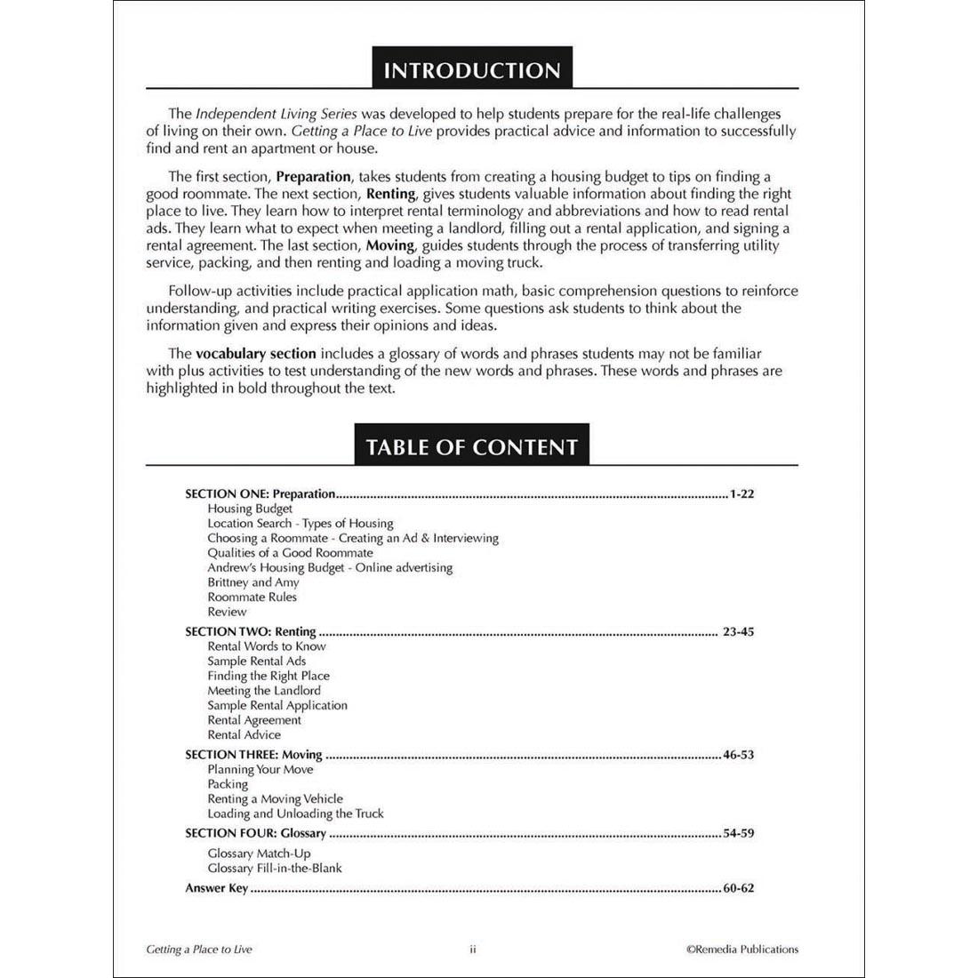 Table of Contents from the Getting A Place To Live Book