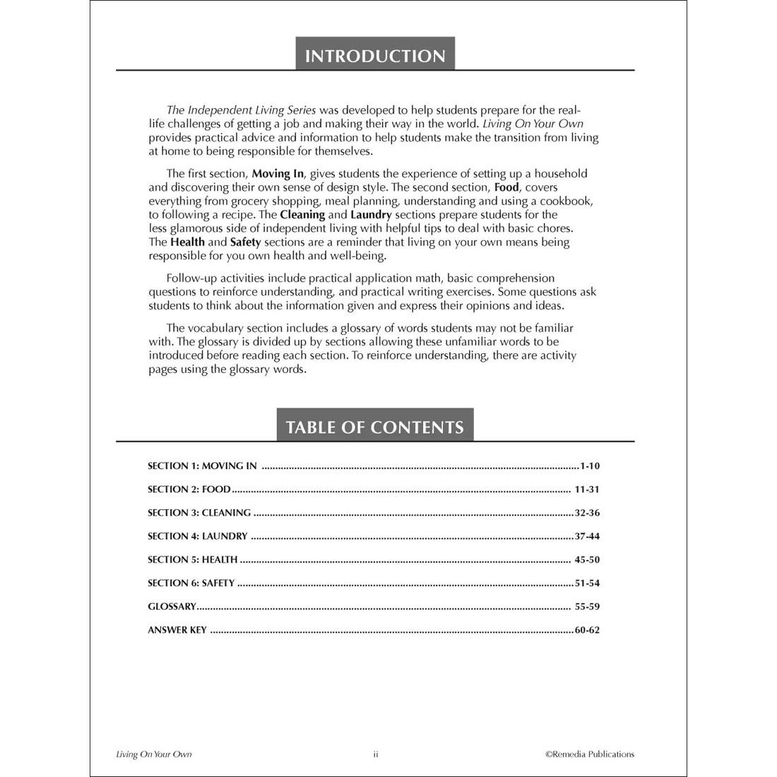 table of contents from the Living On Your Own Book