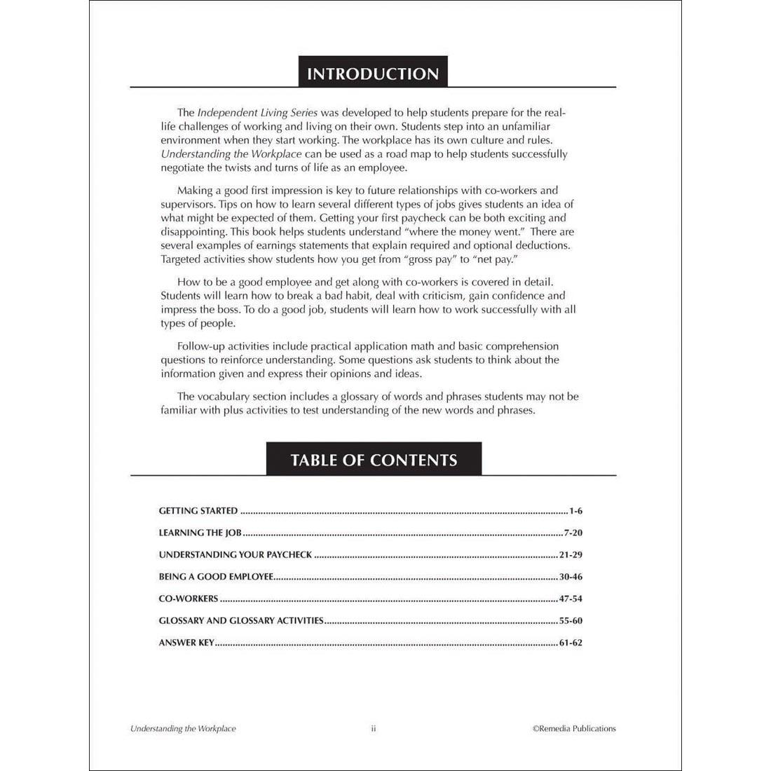table of contents from the Understanding The Workplace Book