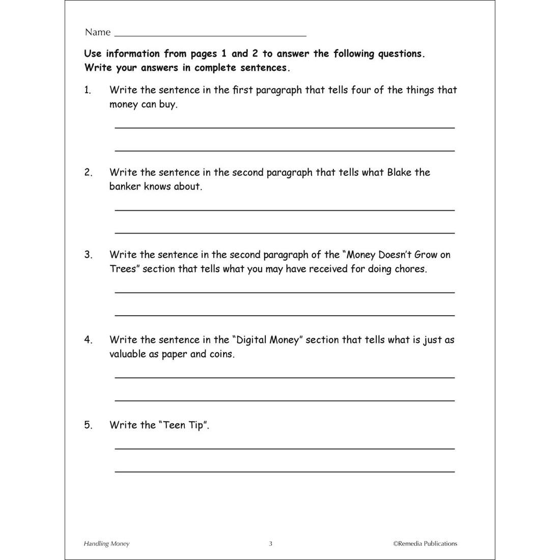 sample page from the Handling Money Book