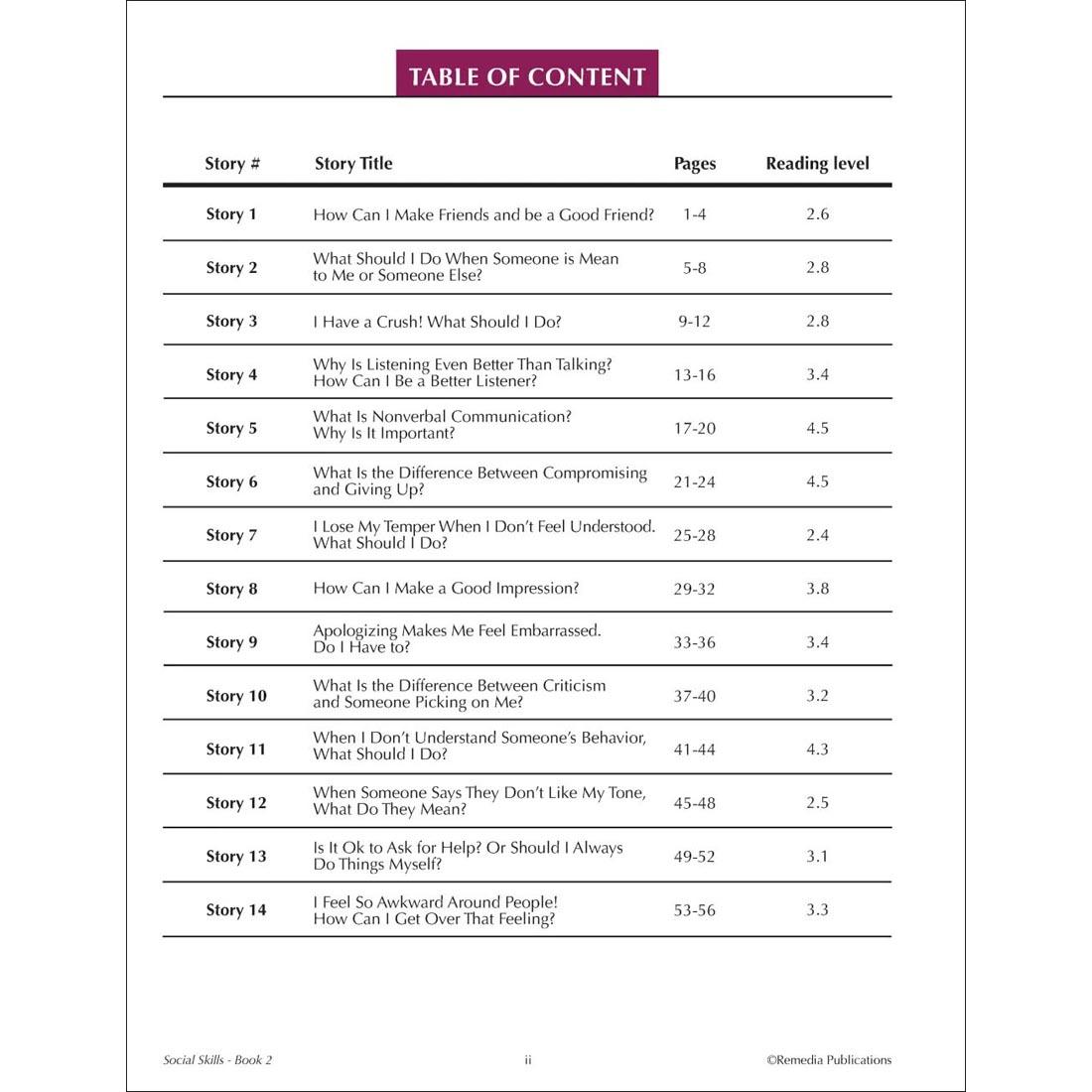 table of contents from the Social Skills Improving Relationships Book